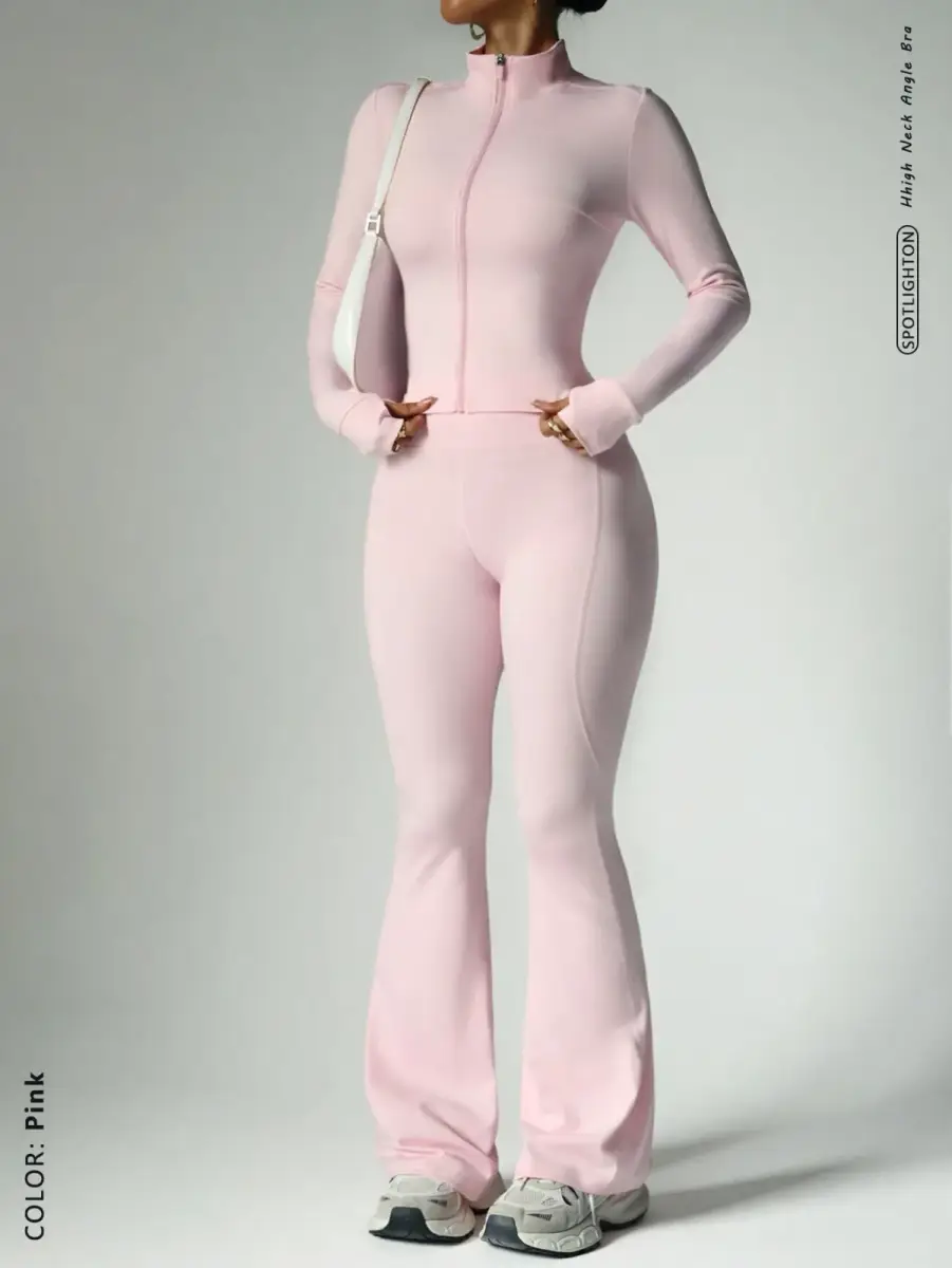 Ensemble de sport 2 pièces vert sauge veste zippée et pantalon évasé