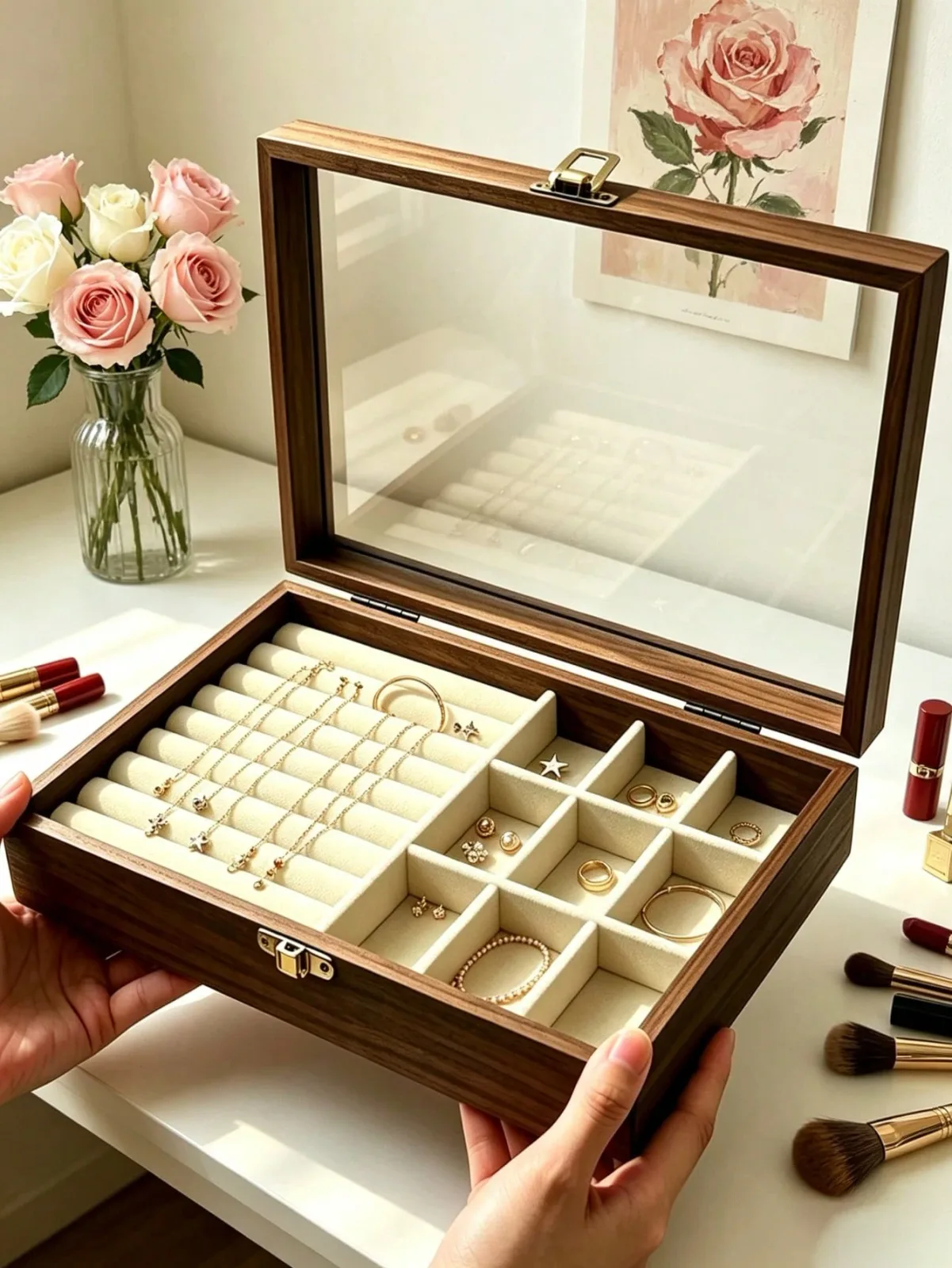 Boîte à bijoux organisatrice en suédine beige crème avec compartiments