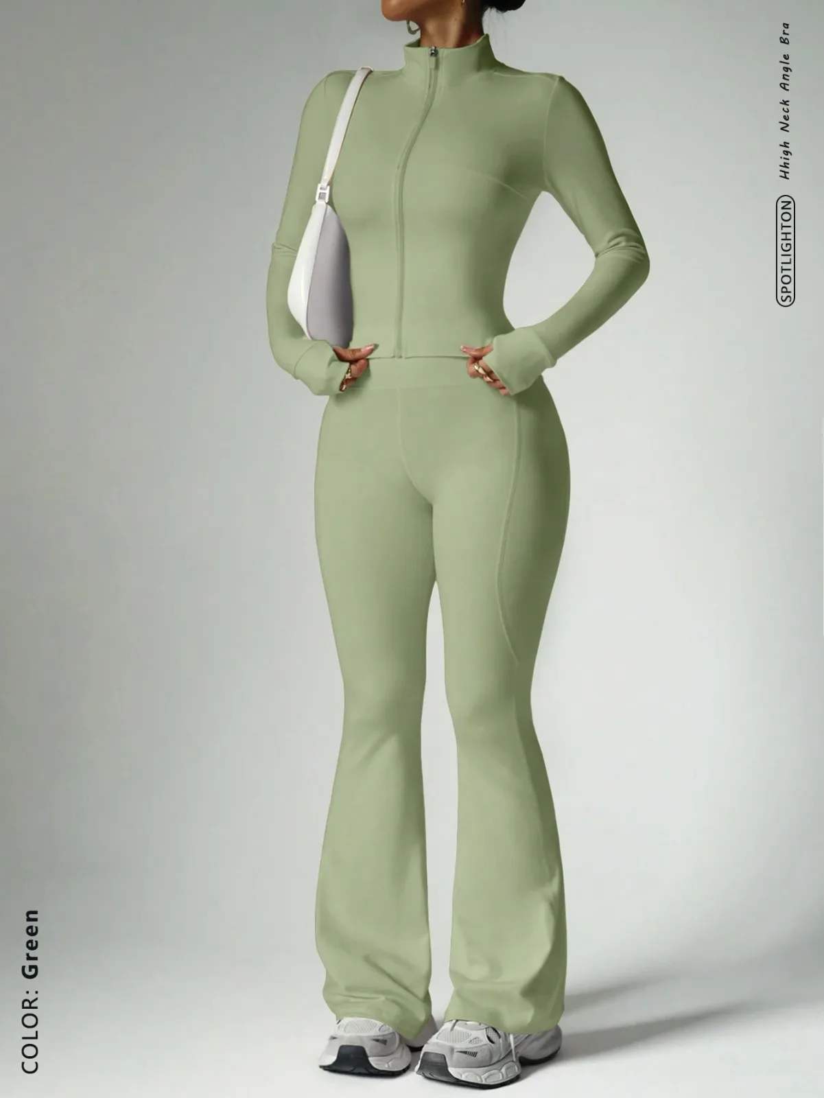 Ensemble de sport 2 pièces vert sauge veste zippée et pantalon évasé