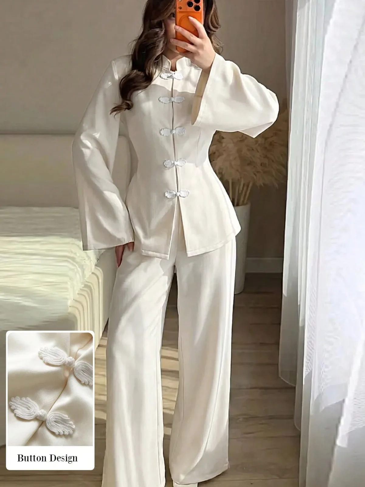 Ensemble 2 pièces blanc cassé style asiatique à boutons grenouille et pantalon