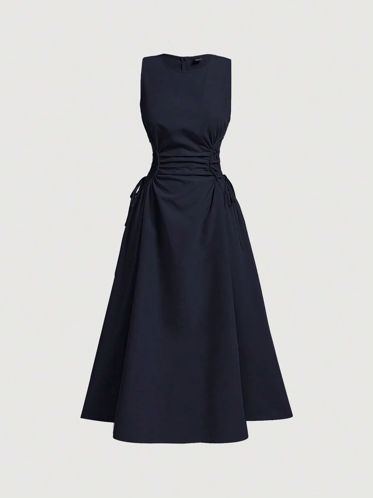 Robe évasée mi-longue bleu marine à plissés et laçage latéral