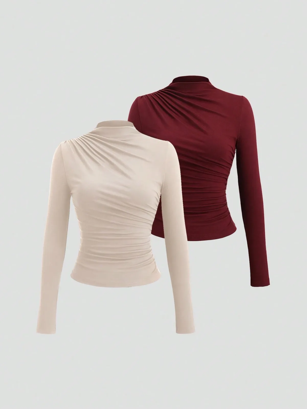 Lot de 2 tops ajustés à col montant demi-cheminée et fronçances (beige et bordeaux)