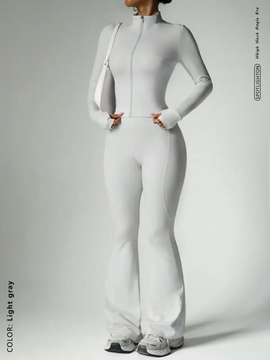 Ensemble de sport 2 pièces vert sauge veste zippée et pantalon évasé