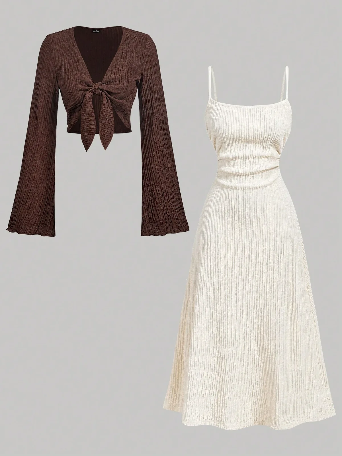 Ensemble 2 pièces robe bretelles beige et cache-cœur marron gaufré