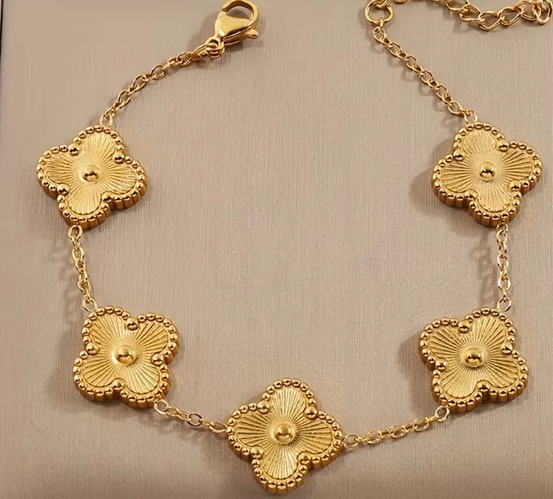 Bracelet trèfle à 5 motifs en acier inoxydable doré