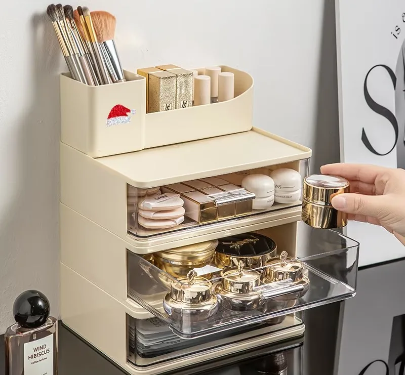Organisateur de maquillage à tiroirs transparents et compartiments