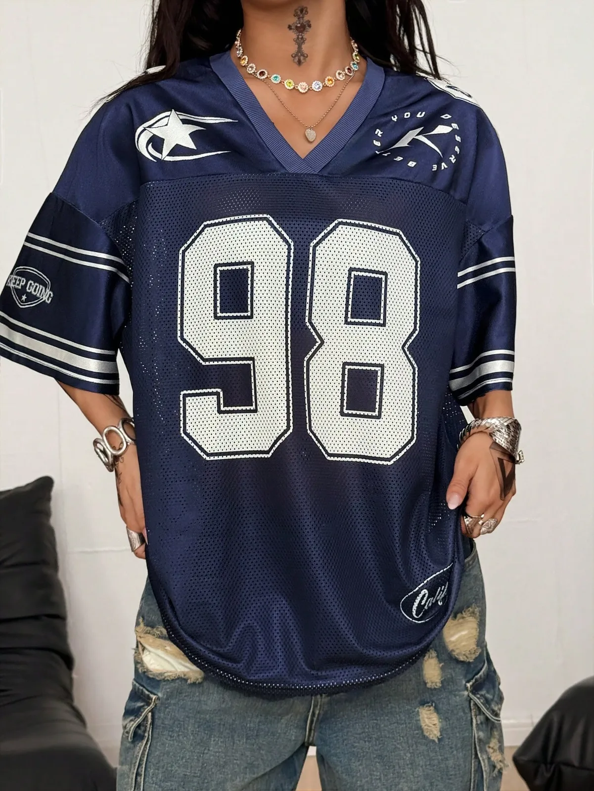 Maillot de football américain bleu marine "98" style Y2K en maille filet